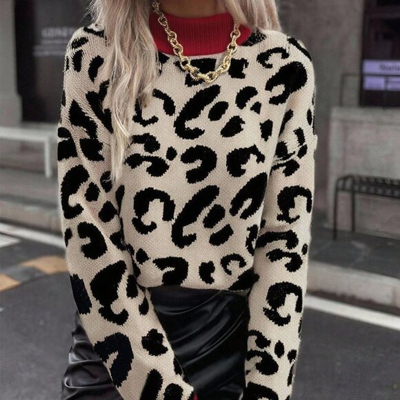 Multicolor Casual Women's Leopard Print Crew Neck Long Sleeve Pullover Sweater - Picture 4 of 5